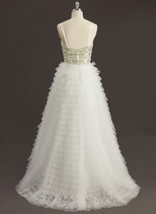 Ball-Gown/Princess Sweetheart V-Neck Sweep Train Tulle Prom Dresses With Rhinestone Sequins Beading
