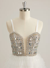Ball-Gown/Princess Sweetheart V-Neck Sweep Train Tulle Prom Dresses With Rhinestone Sequins Beading