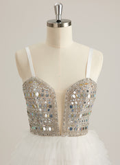 Ball-Gown/Princess Sweetheart V-Neck Sweep Train Tulle Prom Dresses With Rhinestone Sequins Beading