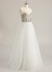 Ball-Gown/Princess Sweetheart V-Neck Sweep Train Tulle Prom Dresses With Rhinestone Sequins Beading