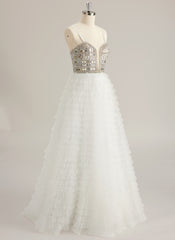 Ball-Gown/Princess Sweetheart V-Neck Sweep Train Tulle Prom Dresses With Rhinestone Sequins Beading