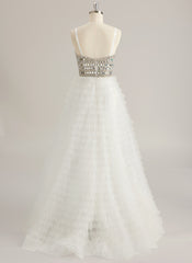 Ball-Gown/Princess Sweetheart V-Neck Sweep Train Tulle Prom Dresses With Rhinestone Sequins Beading