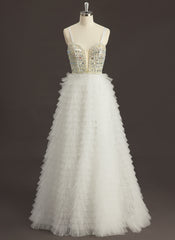 Ball-Gown/Princess Sweetheart V-Neck Sweep Train Tulle Prom Dresses With Rhinestone Sequins Beading