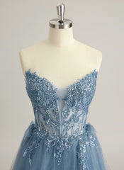 Ball-Gown/Princess V-Neck Sweep Train Tulle Prom Dresses With Beading Sequins