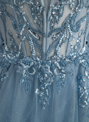Ball-Gown/Princess V-Neck Sweep Train Tulle Prom Dresses With Beading Sequins