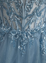 Ball-Gown/Princess V-Neck Sweep Train Tulle Prom Dresses With Beading Sequins