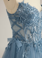 Ball-Gown/Princess V-Neck Sweep Train Tulle Prom Dresses With Beading Sequins