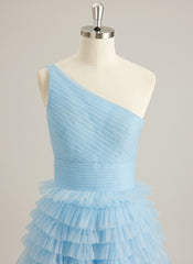 Ball-Gown/Princess One Shoulder Floor-Length Tulle Prom Dresses With Ruffle