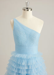 Ball-Gown/Princess One Shoulder Floor-Length Tulle Prom Dresses With Ruffle