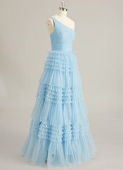 Ball-Gown/Princess One Shoulder Floor-Length Tulle Prom Dresses With Ruffle