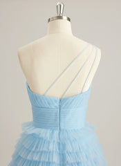 Ball-Gown/Princess One Shoulder Floor-Length Tulle Prom Dresses With Ruffle