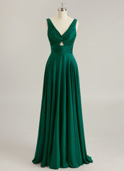 Robe De Bal Trapèze en Satin de Soie Col V Longueur au Sol avec Plis