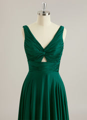Robe De Bal Trapèze en Satin de Soie Col V Longueur au Sol avec Plis