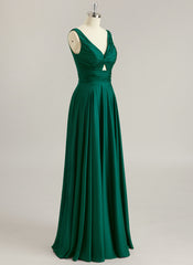 Robe De Bal Trapèze en Satin de Soie Col V Longueur au Sol avec Plis
