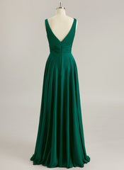 Robe De Bal Trapèze en Satin de Soie Col V Longueur au Sol avec Plis