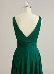 Robe De Bal Trapèze en Satin de Soie Col V Longueur au Sol avec Plis