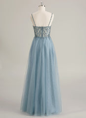 A-line Sweetheart Floor-Length Tulle Prom Dresses With Rhinestone Beading Sequins