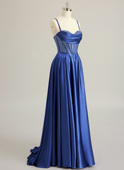 A-line Sweetheart Sweep Train Silky Satin Prom Dresses With Rhinestone