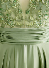 A-line V-Neck Sweep Train Jersey Prom Dresses With Sequins Beading Appliques Lace