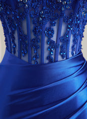 Trumpet/Mermaid V-Neck Sweep Train Jersey Prom Dresses With Rhinestone Appliques Lace Sequins Beading