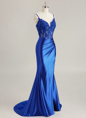Trumpet/Mermaid V-Neck Sweep Train Jersey Prom Dresses With Rhinestone Appliques Lace Sequins Beading