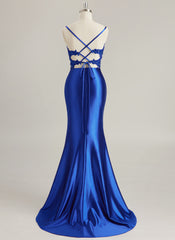 Trumpet/Mermaid V-Neck Sweep Train Jersey Prom Dresses With Rhinestone Appliques Lace Sequins Beading