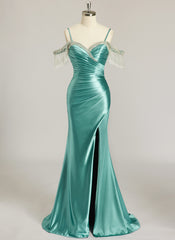 Trumpet/Mermaid Off the Shoulder Sweep Train Jersey Prom Dresses With Rhinestone Beading Sequins