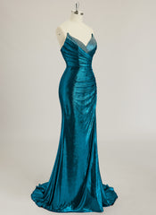 Trumpet/Mermaid V-Neck Sweep Train Metallic Prom Dresses With Rhinestone Pleated