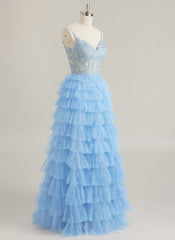 Ball-Gown/Princess V-Neck Floor-Length Tulle Prom Dresses With Appliques Lace Rhinestone