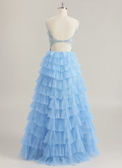 Ball-Gown/Princess V-Neck Floor-Length Tulle Prom Dresses With Appliques Lace Rhinestone