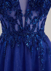 Ball-Gown/Princess V-Neck Floor-Length Tulle Prom Dresses With Beading Sequins Appliques Lace