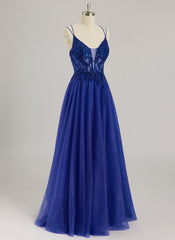 Ball-Gown/Princess V-Neck Floor-Length Tulle Prom Dresses With Beading Sequins Appliques Lace