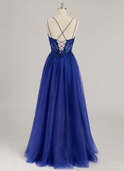 Ball-Gown/Princess V-Neck Floor-Length Tulle Prom Dresses With Beading Sequins Appliques Lace