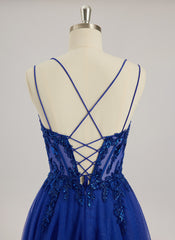 Ball-Gown/Princess V-Neck Floor-Length Tulle Prom Dresses With Beading Sequins Appliques Lace