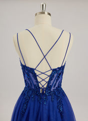 Ball-Gown/Princess V-Neck Floor-Length Tulle Prom Dresses With Beading Sequins Appliques Lace