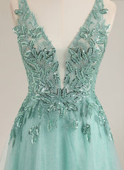 A-line Sleeveless Sweep Train Tulle Prom Dress With Sequins