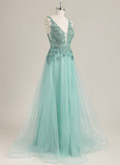 A-line Sleeveless Sweep Train Tulle Prom Dress With Sequins