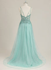 A-line Sleeveless Sweep Train Tulle Prom Dress With Sequins