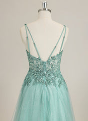 A-line Sleeveless Sweep Train Tulle Prom Dress With Sequins