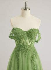 A-line Off the Shoulder Sweep Train Tulle Prom Dresses With Sequins Appliques Lace Beading
