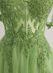 A-line Off the Shoulder Sweep Train Tulle Prom Dresses With Sequins Appliques Lace Beading