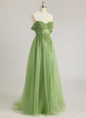 A-line Off the Shoulder Sweep Train Tulle Prom Dresses With Sequins Appliques Lace Beading