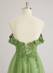 A-line Off the Shoulder Sweep Train Tulle Prom Dresses With Sequins Appliques Lace Beading