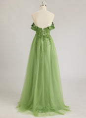 A-line Off the Shoulder Sweep Train Tulle Prom Dresses With Sequins Appliques Lace Beading