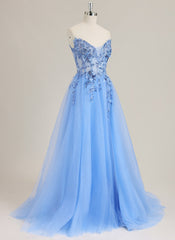 Ball-Gown/Princess Sleeveless Sweep Train Tulle Prom Dress With Sequins