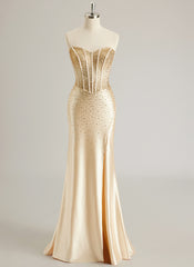Trumpet/Mermaid Sweetheart Sweep Train Silky Satin Prom Dresses With Rhinestone