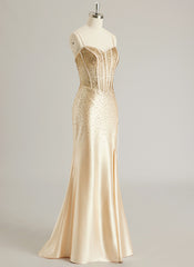 Trumpet/Mermaid Sweetheart Sweep Train Silky Satin Prom Dresses With Rhinestone