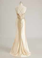 Trumpet/Mermaid Sweetheart Sweep Train Silky Satin Prom Dresses With Rhinestone