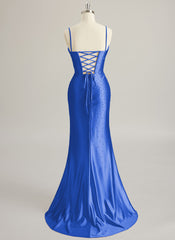 Trumpet/Mermaid V-Neck Sweep Train Silky Satin Prom Dresses With Pleated Rhinestone