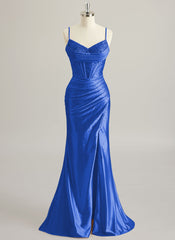 Trumpet/Mermaid V-Neck Sweep Train Silky Satin Prom Dresses With Pleated Rhinestone